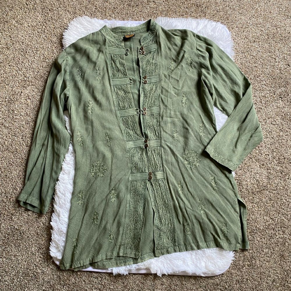 Geeta Tunic Top‎ Over Shirt Embroidered Bohemian Button Front Green Rayon India